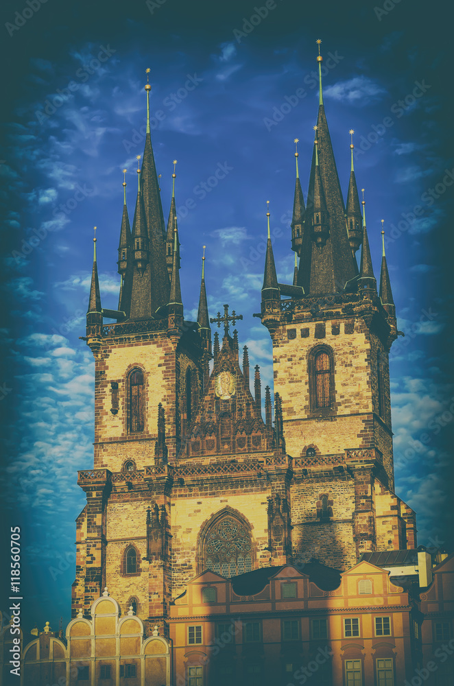 Fototapeta premium Church of Our Lady before Tyn in Prague city, travel european vintage hipster background