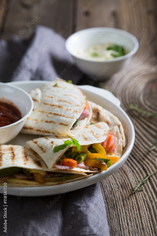 Quesadilla with vegetables and meat