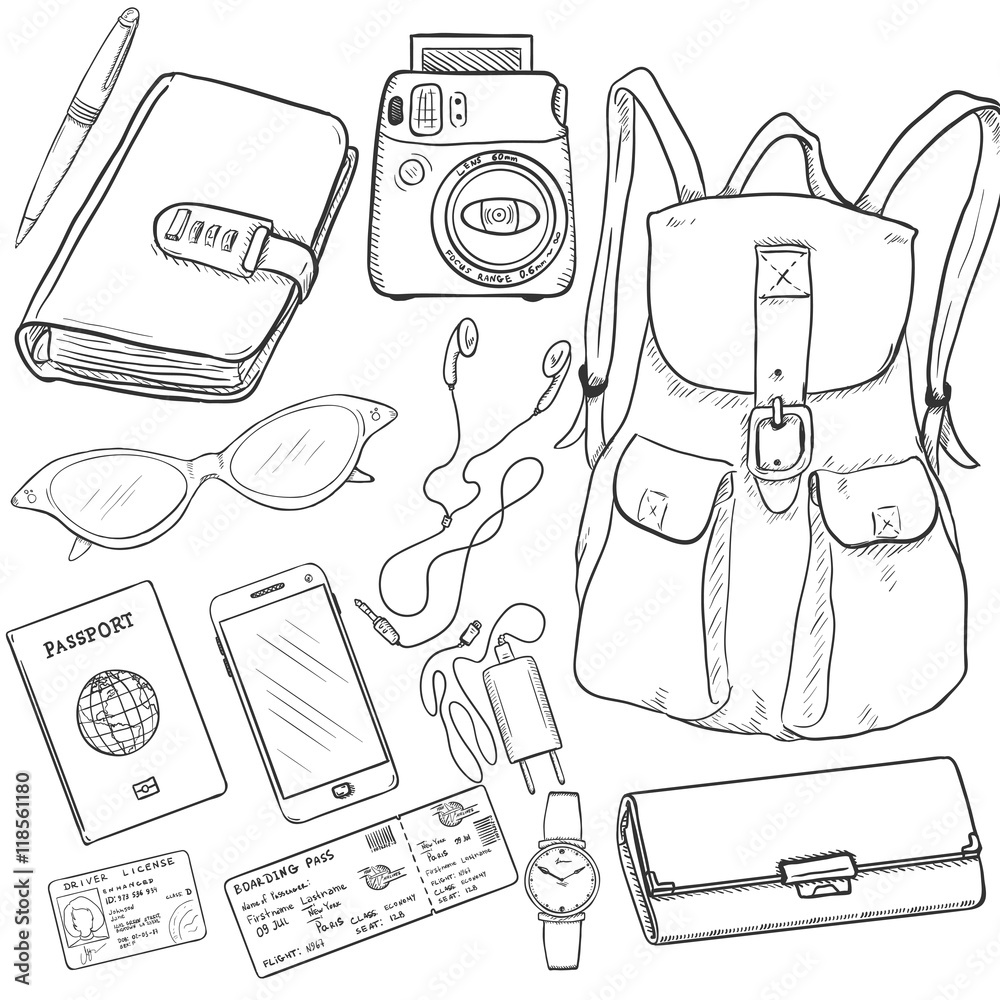 Vector Sketch Travel Set. Backpack, Purse, Watch, Ticket, Driver License,  Passport, Mobille Phone, Headphones, Charger, Sunglasses, Notepad, Pen,  Camera. Stock Vector | Adobe Stock