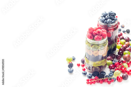 Healthy Homemade Mason Jar fruit Salad, isolated on white
