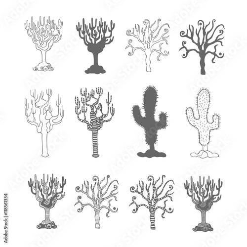 Set of grey doodle silhouettes of trees and cactus on white background. 