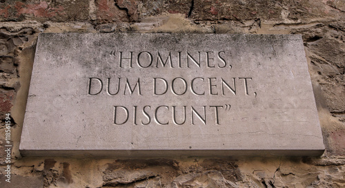 Homines dum docent discunt. A Latin phrase that means People learn while they teach. Engraved.