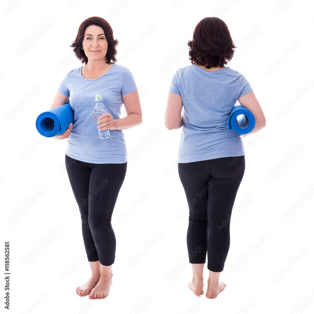 front and back view of mature woman in sportswear with yoga mat front and back view of mature woman in sportswear with yoga mat