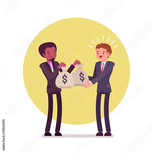 Black businessman is giving two sacks of money to white man. Cartoon vector flat-style concept illustration