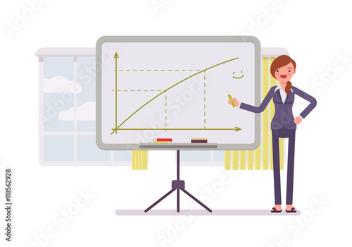 Woman in a formal wear drew a positive graph on the whiteboard. Cartoon vector flat-style concept illustration © andrew_rybalko