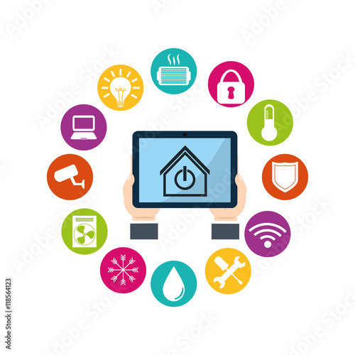 tablet hand smart house home technology app icon set. Flat and Colorful illustration. Vector illustration