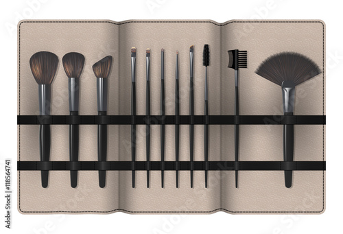 Set of Realistic Make Up Brushes in a Case Isolated on white background. Vector illustration