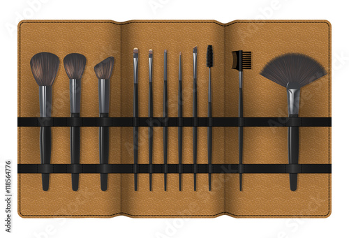 Set of Realistic Make Up Brushes in a Case Isolated on white background. Vector illustration