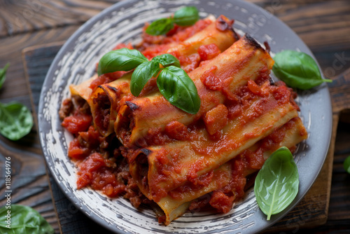 Close-up of italian cannelloni with mincemeat in tomato sauce