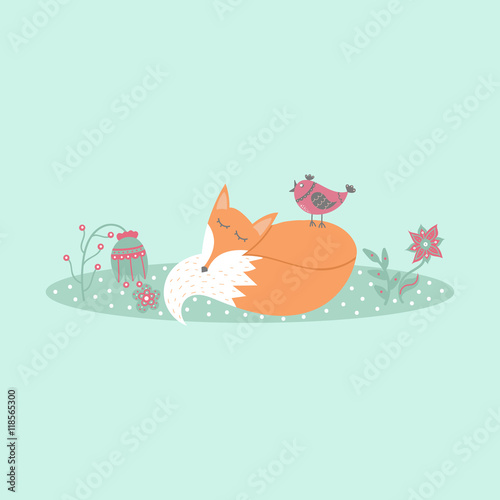 Cute fox lies on lawn in forest with bird and flowers in cartoon style