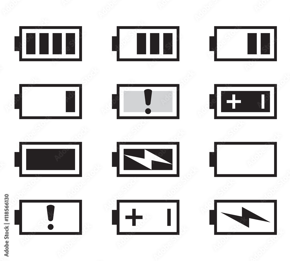 Battery icons set, black isolated on white background, vector illustration. Battery icons set, black isolated on white background, vector illustration.