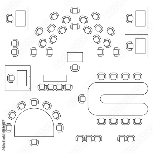 Business, education and government furniture symbols used in architecture plans icons set, top view, graphic design elements, outlined, black isolated on white background, vector illustration.