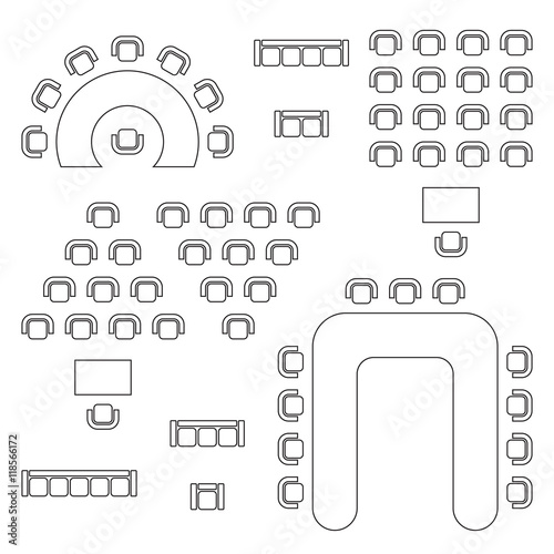 Business, education and government furniture symbols used in architecture plans icons set, top view, graphic design elements, outlined, black isolated on white background, vector illustration.