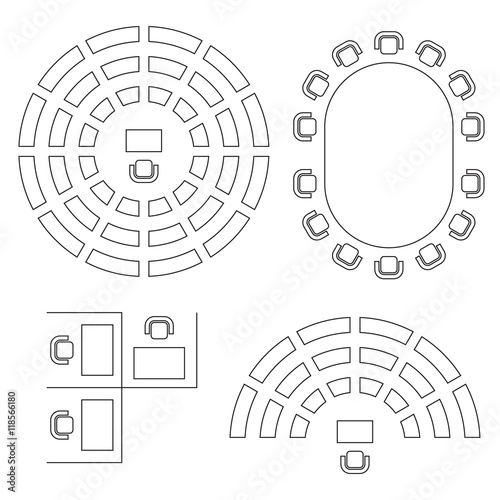 Business, education and government furniture symbols used in architecture plans icons set, top view, graphic design elements, outlined, black isolated on white background, vector illustration Fototapet