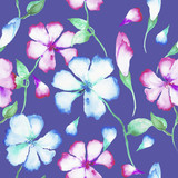 Wild blue, pink flowers, pattern, watercolor