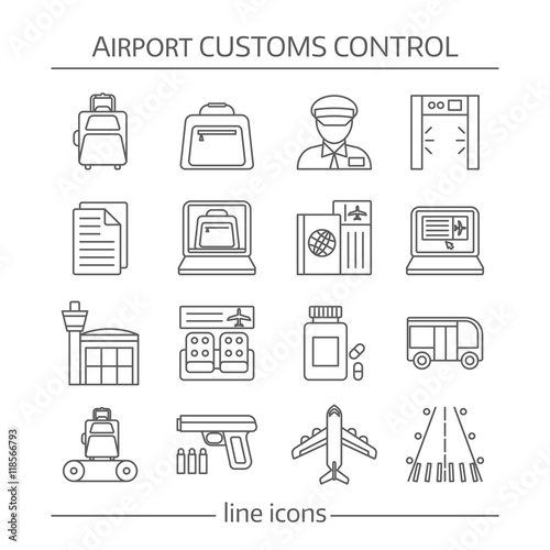 Airport Customs Control Linear Icons