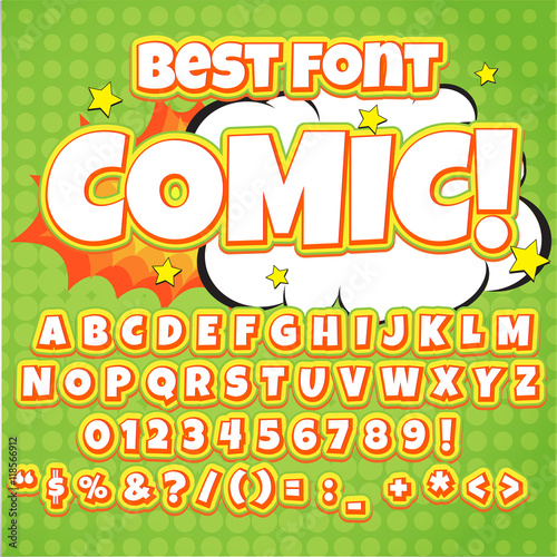 Comic orange alphabet set. Letters, numbers and figures for kids' illustrations, websites, comics