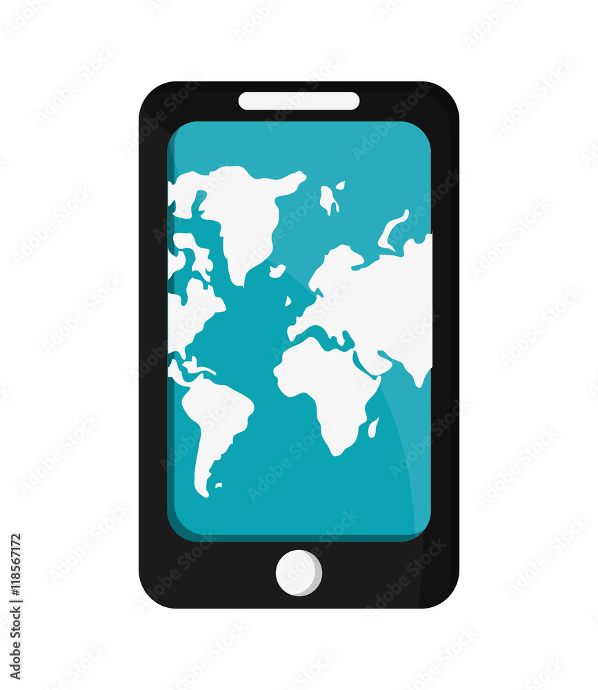 flat design modern cellphone with world map on screen icon vector illustration flat design modern cellphone with world map on screen icon vector illustration