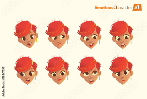 Woman with different facial expressions set. Happiness, sadness, frustrations, angry, surprise, surprise.