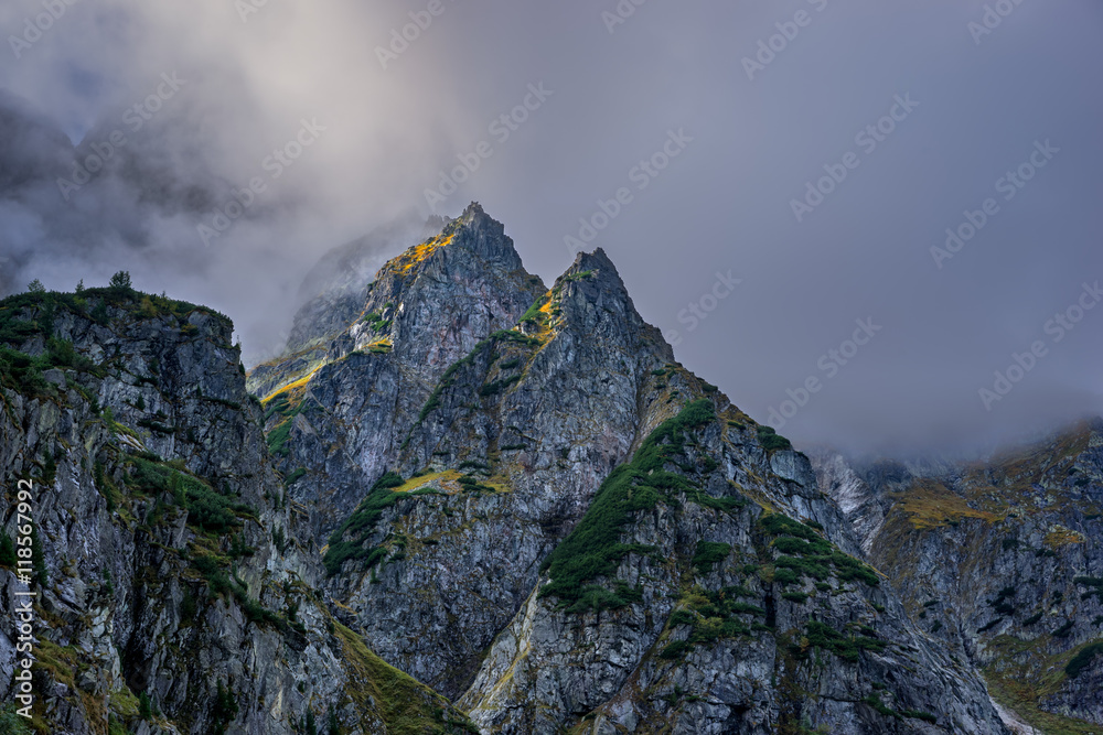 Mystical mountain peak at sunset. Tatra National Park, Poland