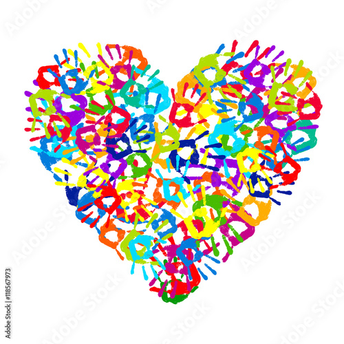 Multicolored hand print heart on white background. Vector illustration