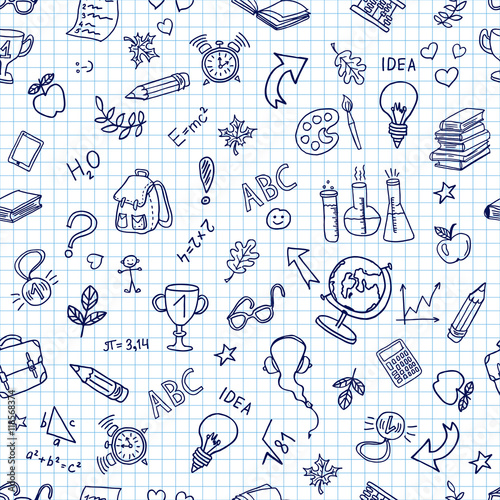 Back to school.  Doodle pen drawn background. Seamless pattern. Hand drawn colored vector design elements on  sketchbook checkered paper background. Vector illustration.