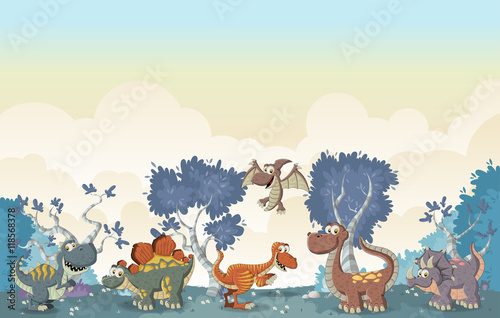 Forest with funny cartoon dinosaurs.
