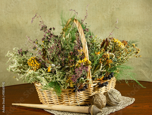 Basket with healing herbs.