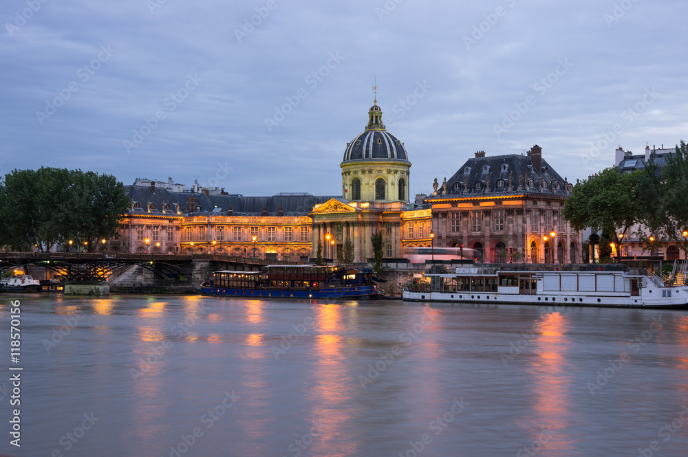 The French Institute and the Seine river at night