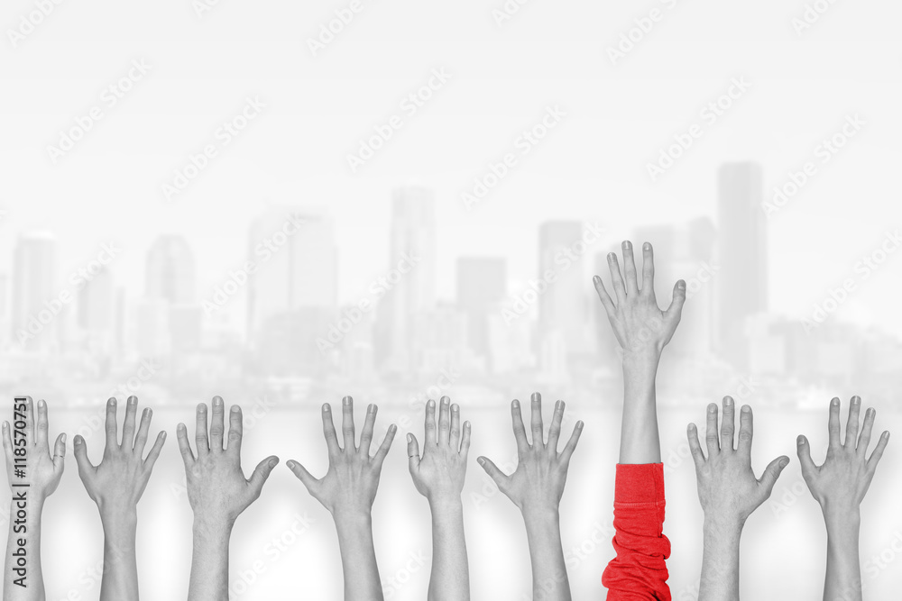 red hand leading crowd hands, leadership concept