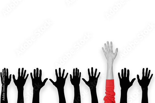 red hand leading crowd hands, leadership concept