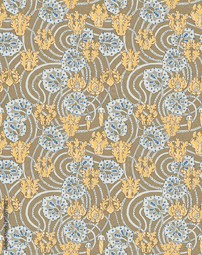 Modern fabric design pattern. Desktop wallpaper. Background. Floral pattern for your design. Illustration. Modern seamless pattern for interior decoration, wrapping paper, graphic design and textile.