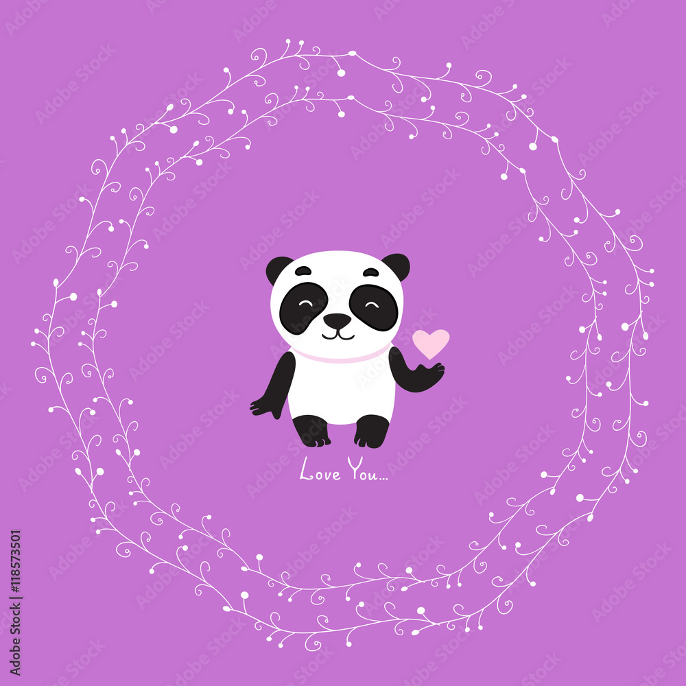 Naklejka premium Cute panda holding a heart on a purple background. Vector illustration. Greeting card