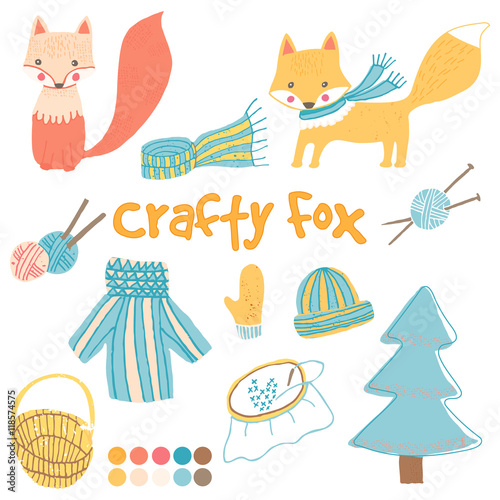Vector set with child foxes and crafty goods. Hand drawn set with knitting  embroidery and winter clothes.