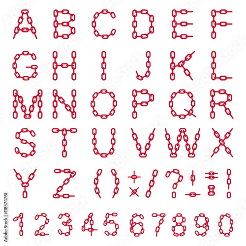 Alphabet letters and numbers from a chain on a white background. Decorative style vector font consisting of parts