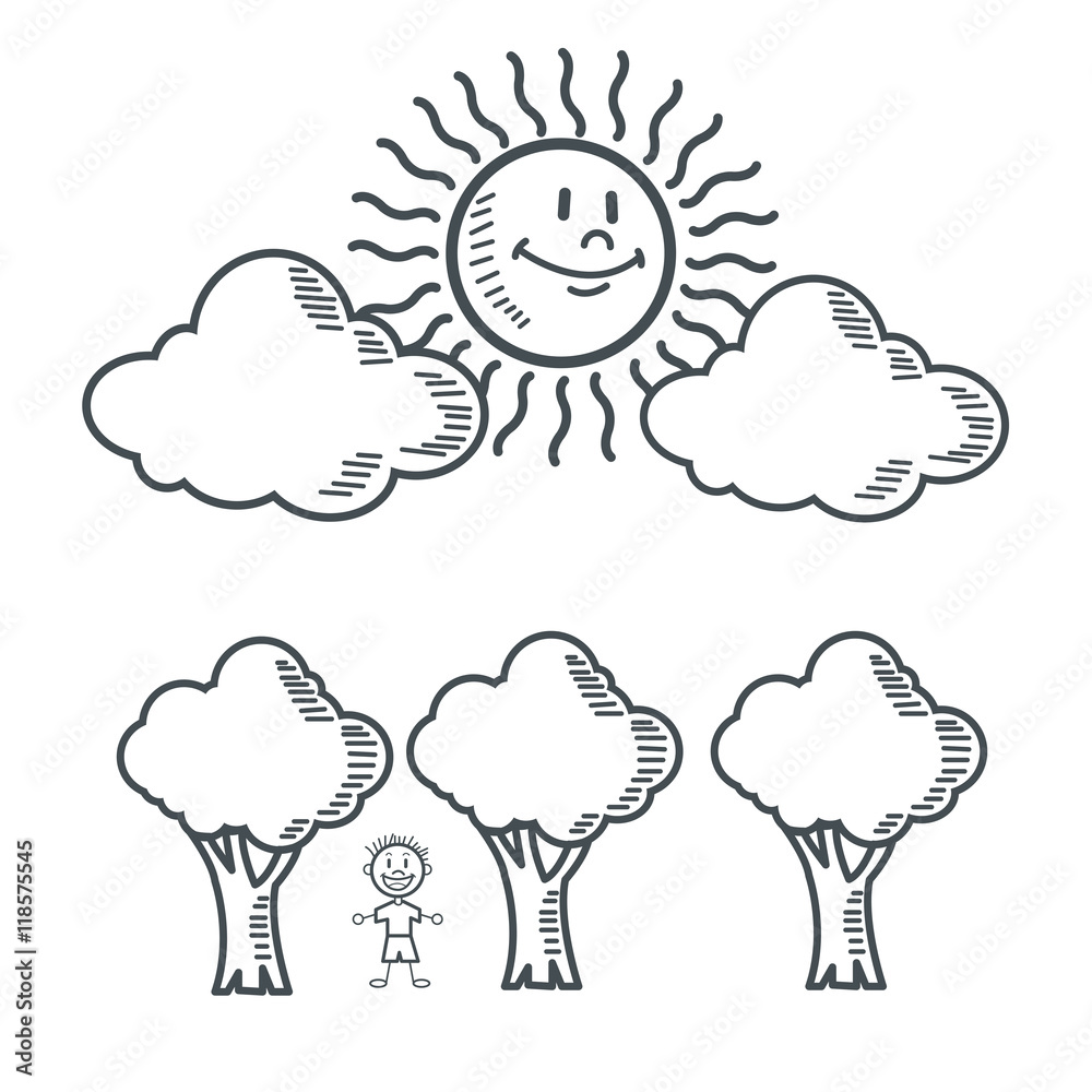 kid sun cloud tree nature cartoon icon. Black white isolated design. Vector  illustration Stock Vector | Adobe Stock
