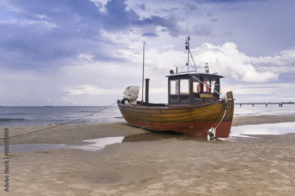Germany, Usedom Island, Ahlbeck, fishing boat on beach