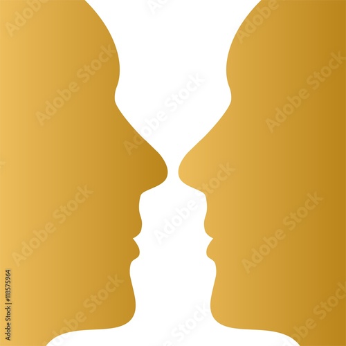 Two gold human faces opposite each other on a white background. White decorative goblet on a gold background. Eye illusion
