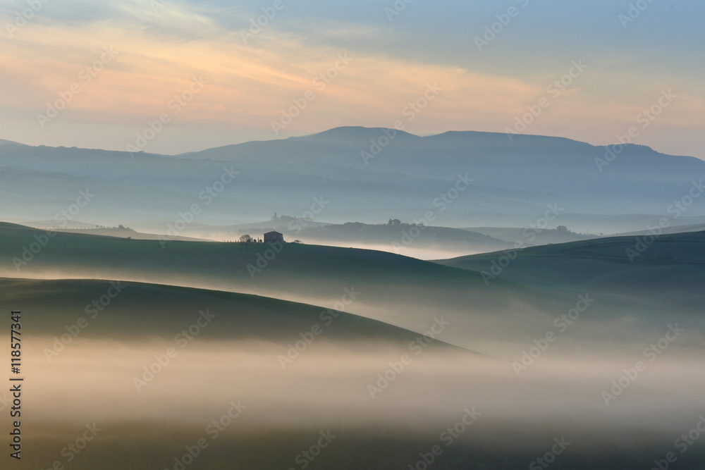 Tuscany Landscape at Sunrise, Morning Fog, Val d’Orcia, Tuscany, Italy