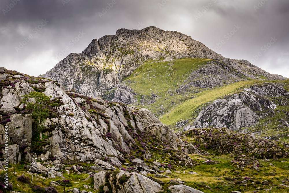 Mountain scene, evening light shining on Tryfan through the clouds in the Summer