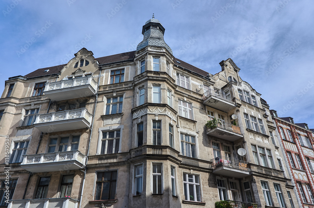 Art Nouveau facade of the building with balconies in Poznan.