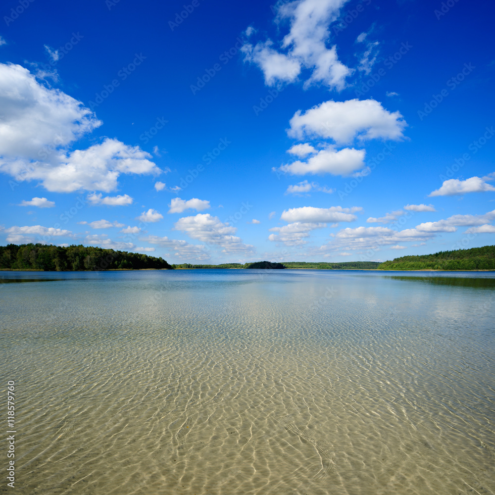 Lake in Summer Landscape under Blue Sky, gentle waves creating a rippled pattern