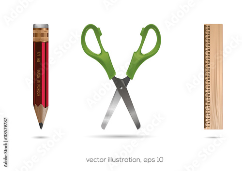 School & office icons set. School (and office) accessories. Pencils, rulers, scissors. Vector illustration