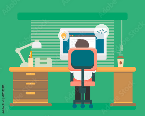 Professional programmer working writing code at his big desk with multiple displays and laptop computer. Flat style color modern vector illustration.
