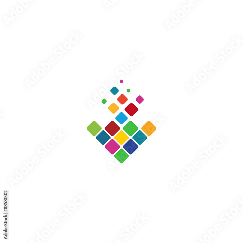 Isolated abstract colorful rhombus shape mosaic vector logo. Unusual geometric arrow down direction sign. Bright colorful puzzle squares.