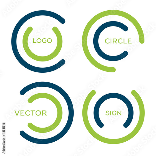 Isolated abstract circular vector logo set. Green and blue color round shape stylized wheels vector illustrations collection. Unusual loading sign.