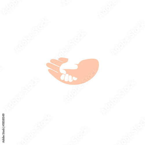 Isolated abstract hand in hand vector logo. Adult and child holding hands vector illustration. Family sign. Adoption symbol. Orphanage and maternity hospital logotype.
