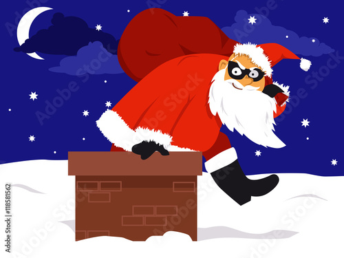 A thief in a Santa costume climbing out of a chimney with a bag filled with stolen belongings, EPS 8 vector illustration 