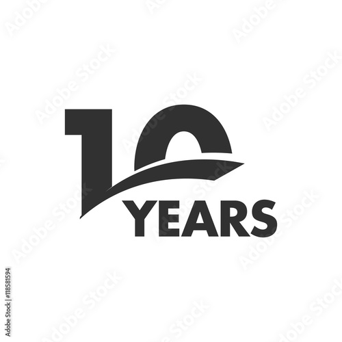 Isolated abstract 10 years anniversary vector logo. Happy 10th birthday greeting card. Black color writing on the white background.