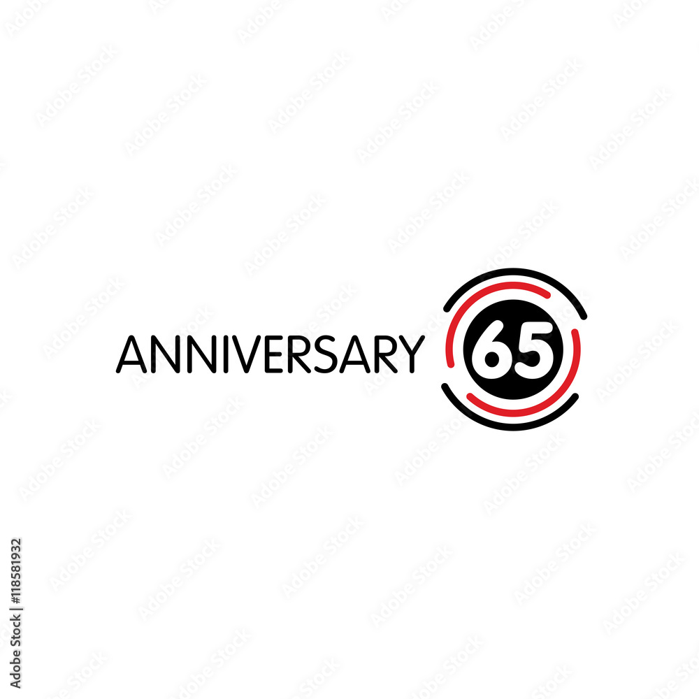 Anniversary vector unusual label. Sixty-fifth anniversary symbol. 65 years birthday abstract logo. The arc in a circle. 65th jubilee.